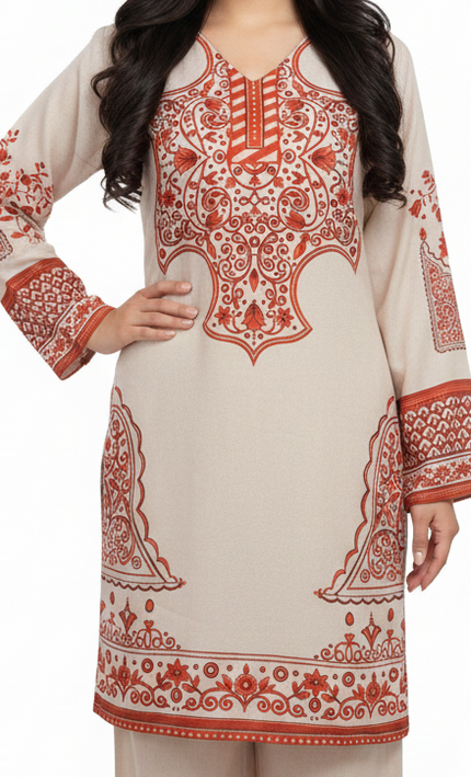 Cream & Red Digital Print Co-Ord Set for Women
