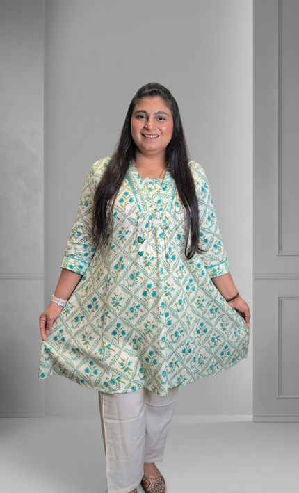 Turquoise Blue Mul Bloom Kurta Pant Set