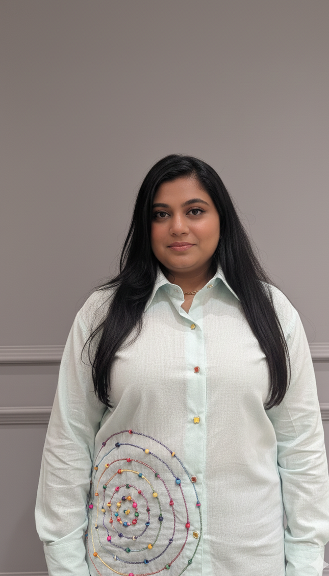 White Collared Spiral Embroidered Shirt – Vibrant Detail with a Smart Twist