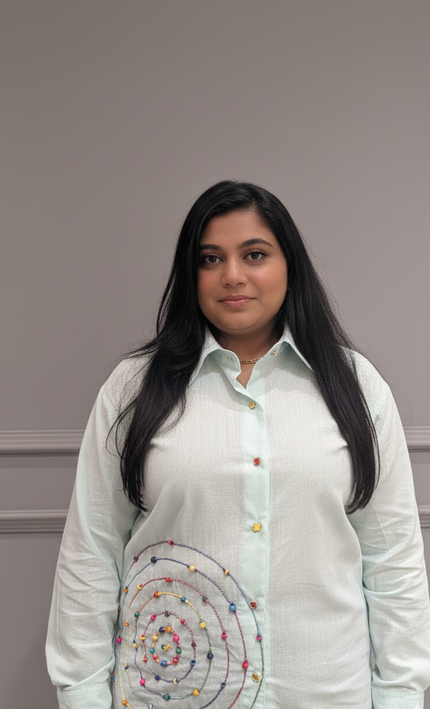 White Collared Spiral Embroidered Shirt – Vibrant Detail with a Smart Twist