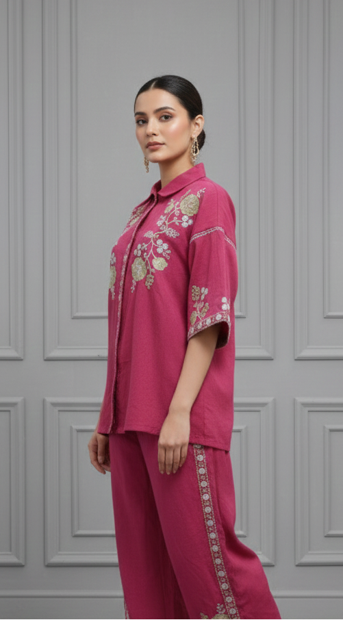 Wine Floral Embroidered Co-Ord Set for Women