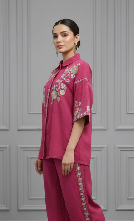 Wine Floral Embroidered Co-Ord Set for Women