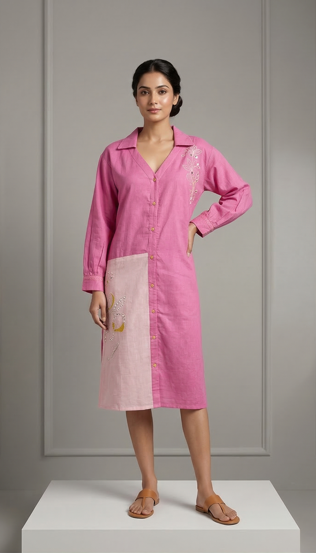 Pink Embroidered Flared Dress