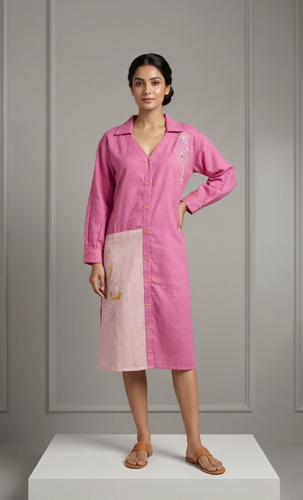 Pink Embroidered Flared Dress