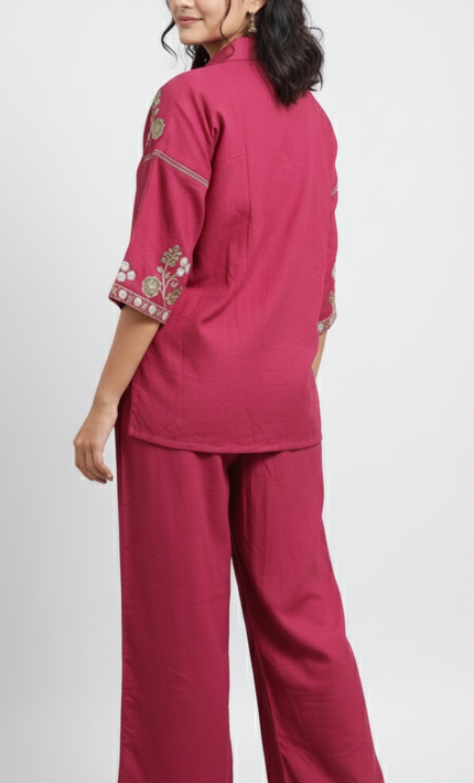 Wine Floral Embroidered Co-Ord Set for Women