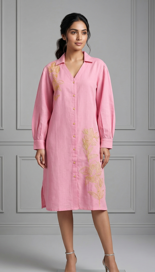 Fabniq Blush Bloom Embroidered Shirt Dress