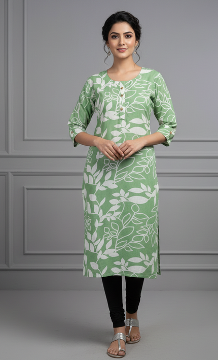 Mint Green Floral Printed Cotton Kurti – Fresh & Breezy Everyday Wear