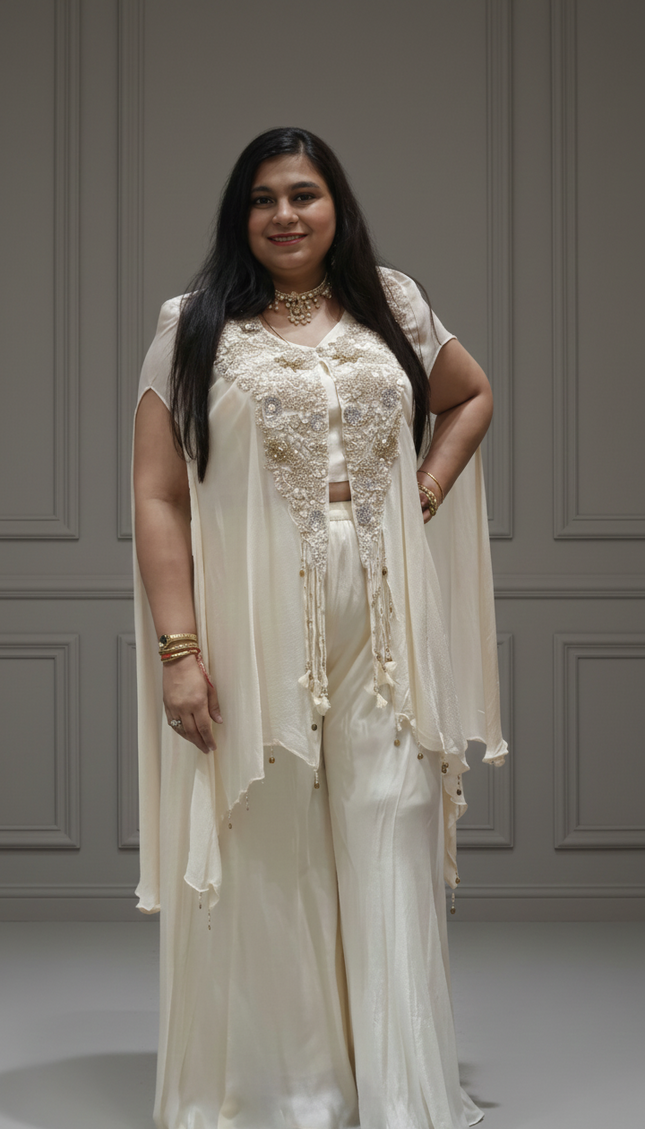 Off-White Tissue & Twill Net Indo-Western Co-Ord Set