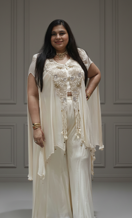 Off-White Tissue & Twill Net Indo-Western Co-Ord Set