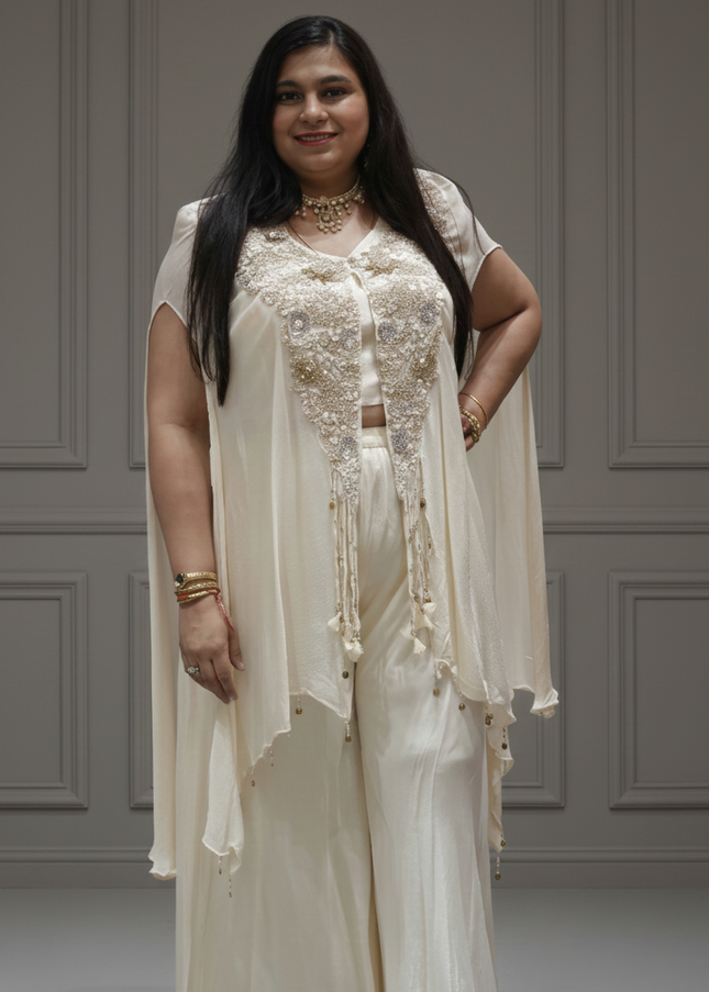 Off-White Tissue & Twill Net Indo-Western Co-Ord Set