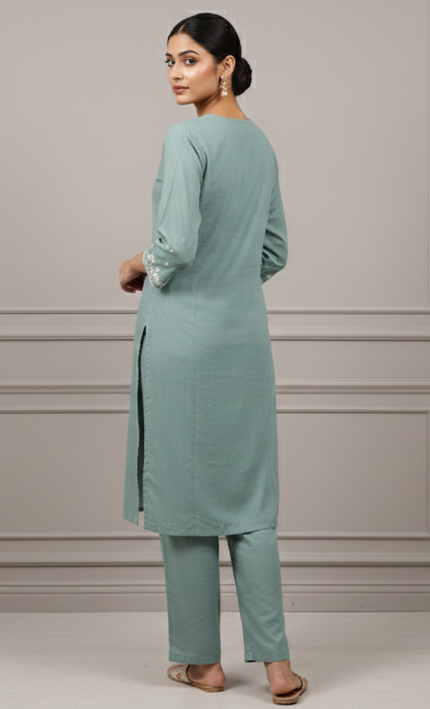 Sea Green Co-Ord Set for Women with White Thread Work