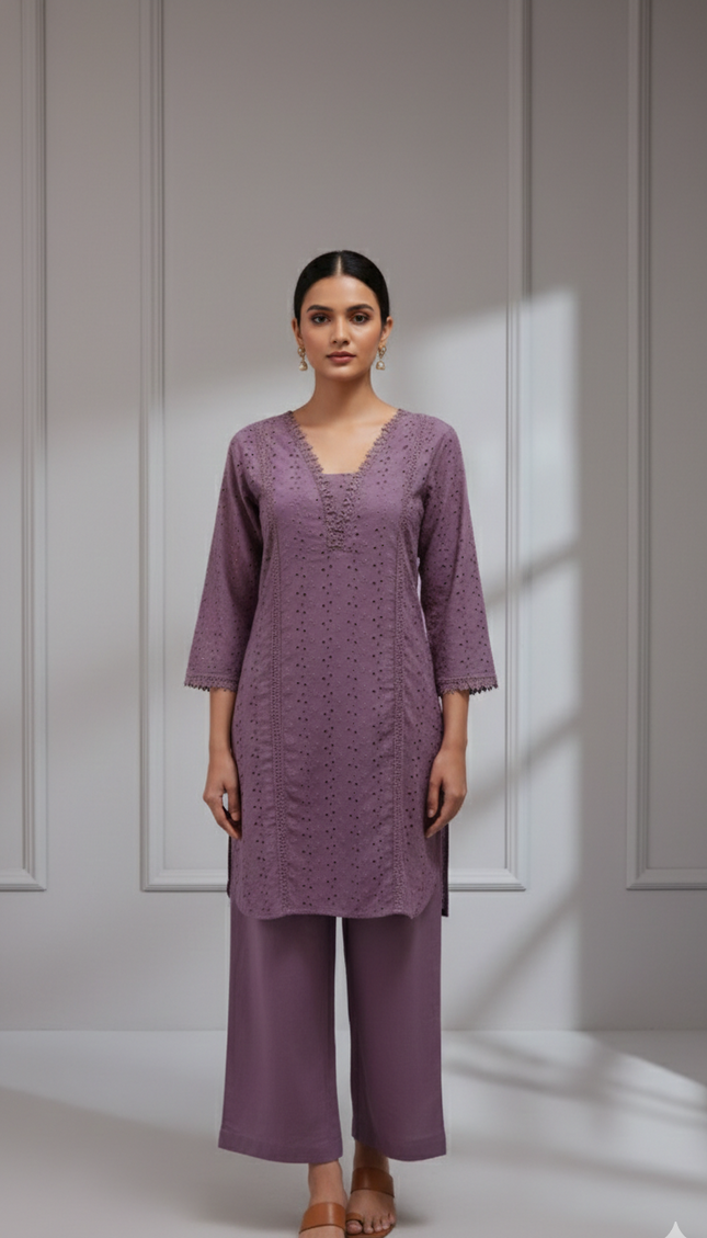 Purple Cutwork Embroidered Co-Ord Set for Women