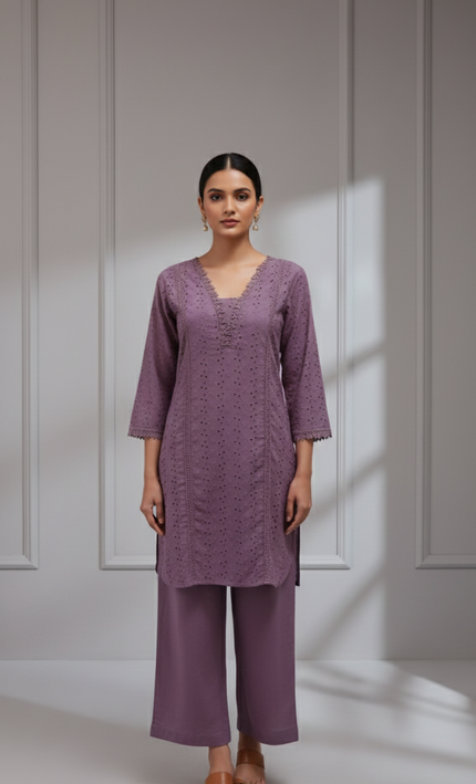 Purple Cutwork Embroidered Co-Ord Set for Women