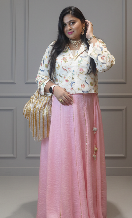 Pink Ghagra with Cream Blouse – Elegant Festive Ethnic Wear for Women