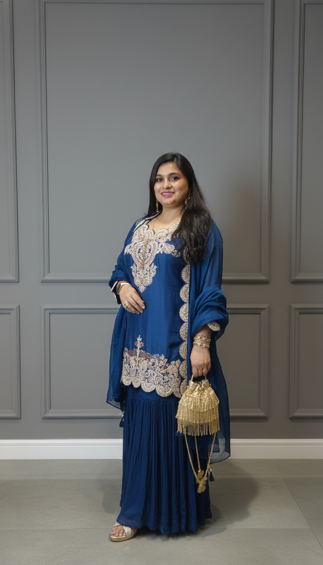 Elegant Navy Blue Embroidered Punjabi Suit with Dupatta – Graceful Ethnic Ensemble