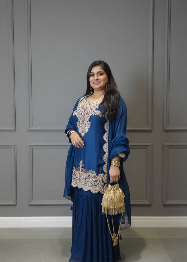 Elegant Navy Blue Embroidered Punjabi Suit with Dupatta – Graceful Ethnic Ensemble