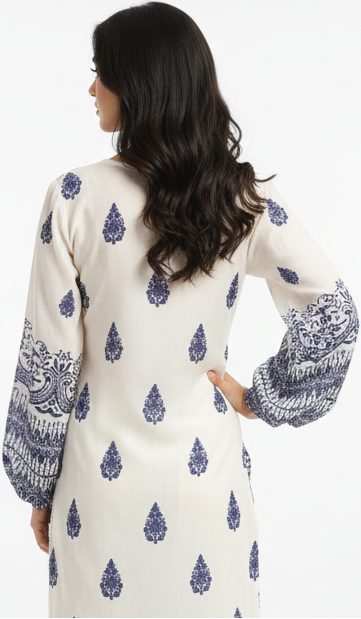 Cream & Blue Digital Print Co-Ord Set for Women