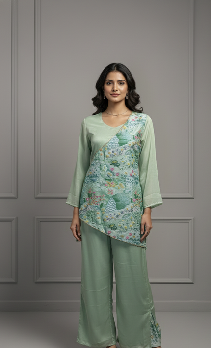 Pastel Green Draped Floral Co-ord Set