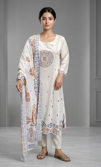 The Cream cotton printed Punjabi Suit