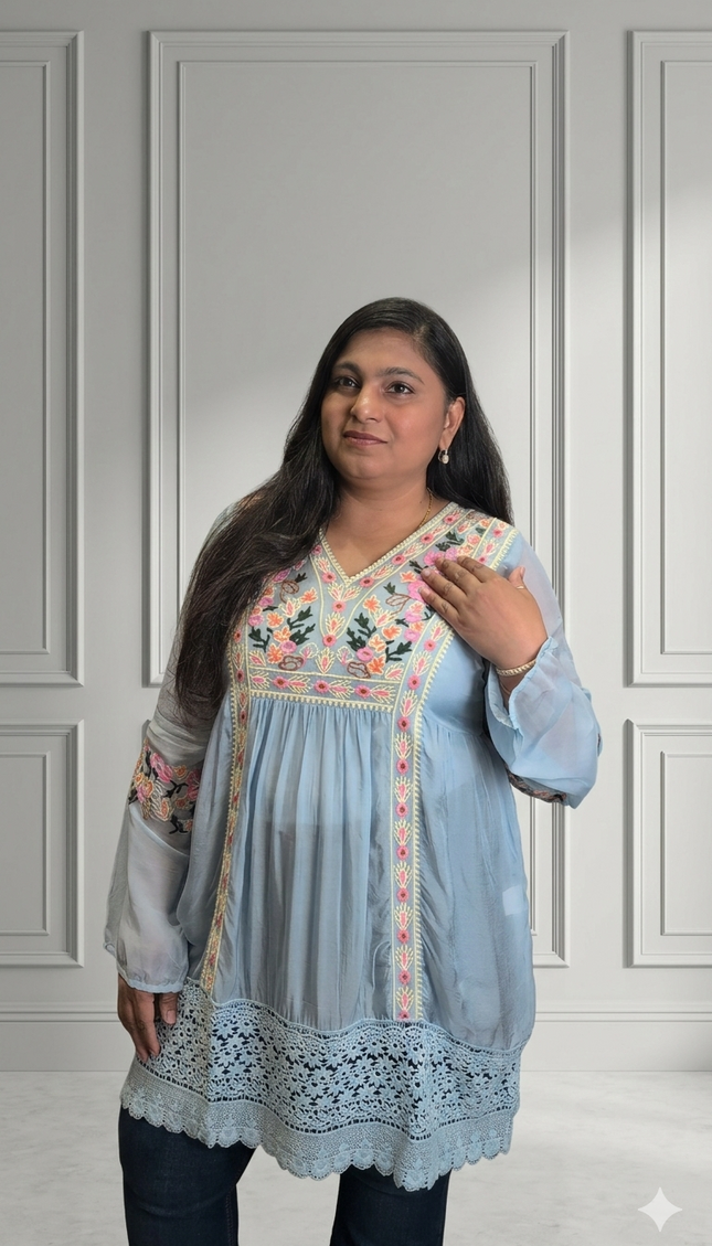 Sky Blue Organza Peplum Kurti