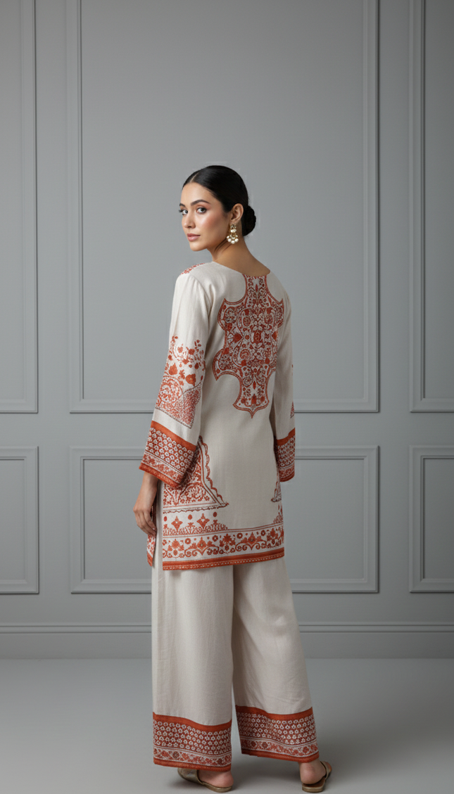 Cream & Red Digital Print Co-Ord Set for Women