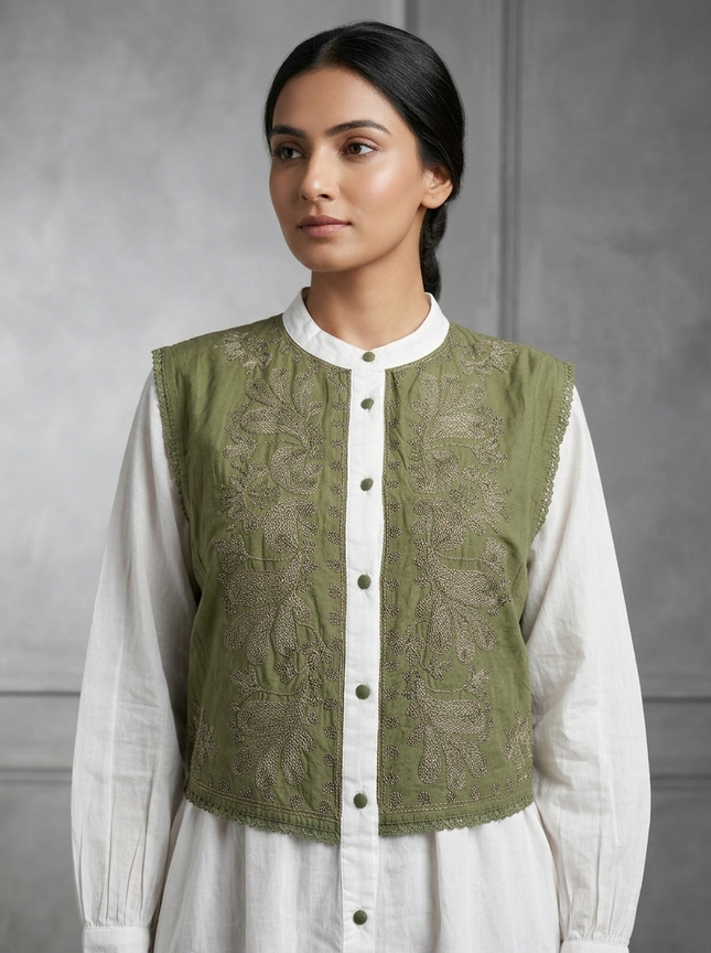Olive Bloom Embroidered Kurti