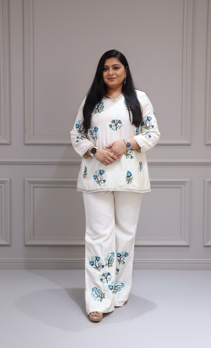 Elegant White Floral Cord Set for a Chic Look