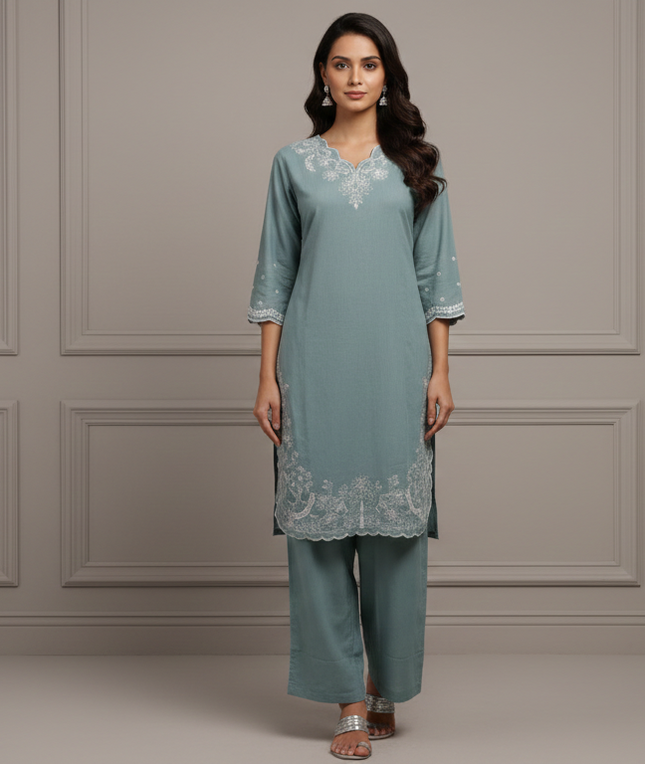 Sea Green Co-Ord Set for Women with White Thread Work