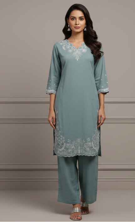 Sea Green Co-Ord Set for Women with White Thread Work