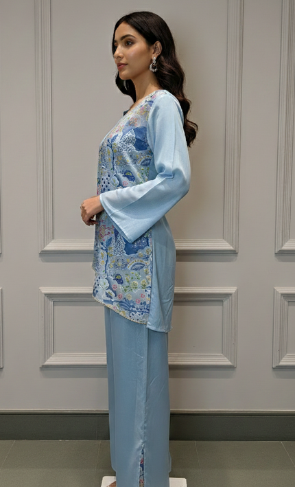 Sky Blue Draped Floral Fusion Co-ord Set
