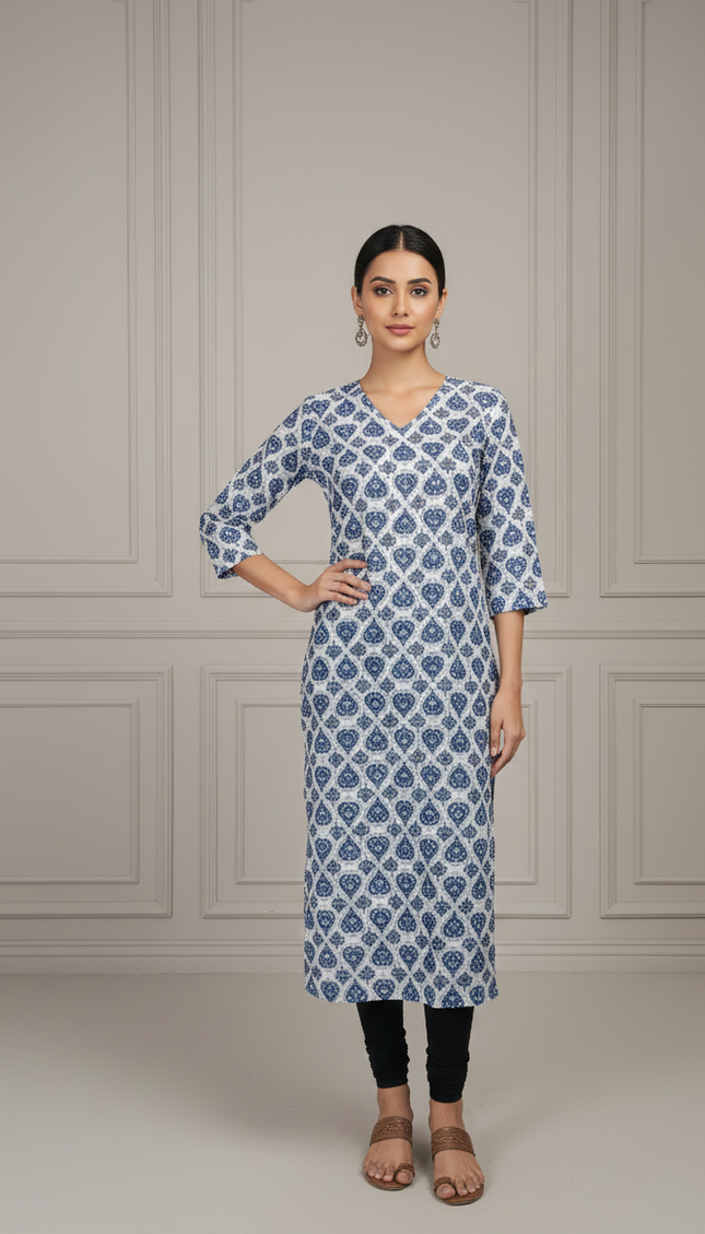 Indigo Grace V-Neck Cotton Kurti – Crisp, Calm & Beautifully You
