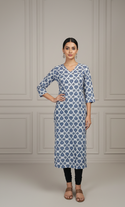 Indigo Grace V-Neck Cotton Kurti – Crisp, Calm & Beautifully You