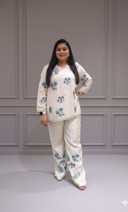 Elegant White Floral Cord Set for a Chic Look