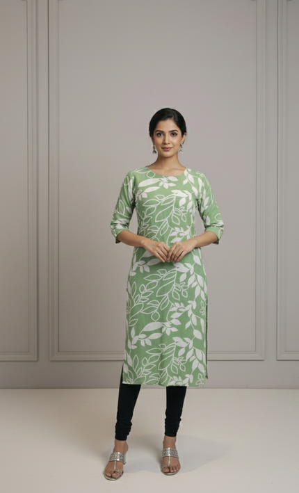 Mint Green Floral Printed Cotton Kurti – Fresh & Breezy Everyday Wear
