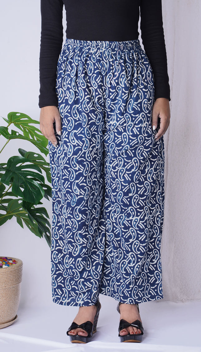 Navy Blue Handblock Printed Cotton Palazzo Pants