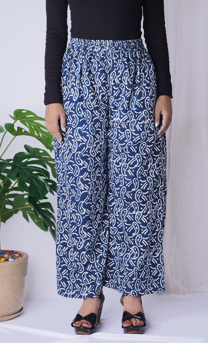 Navy Blue Handblock Printed Cotton Palazzo Pants