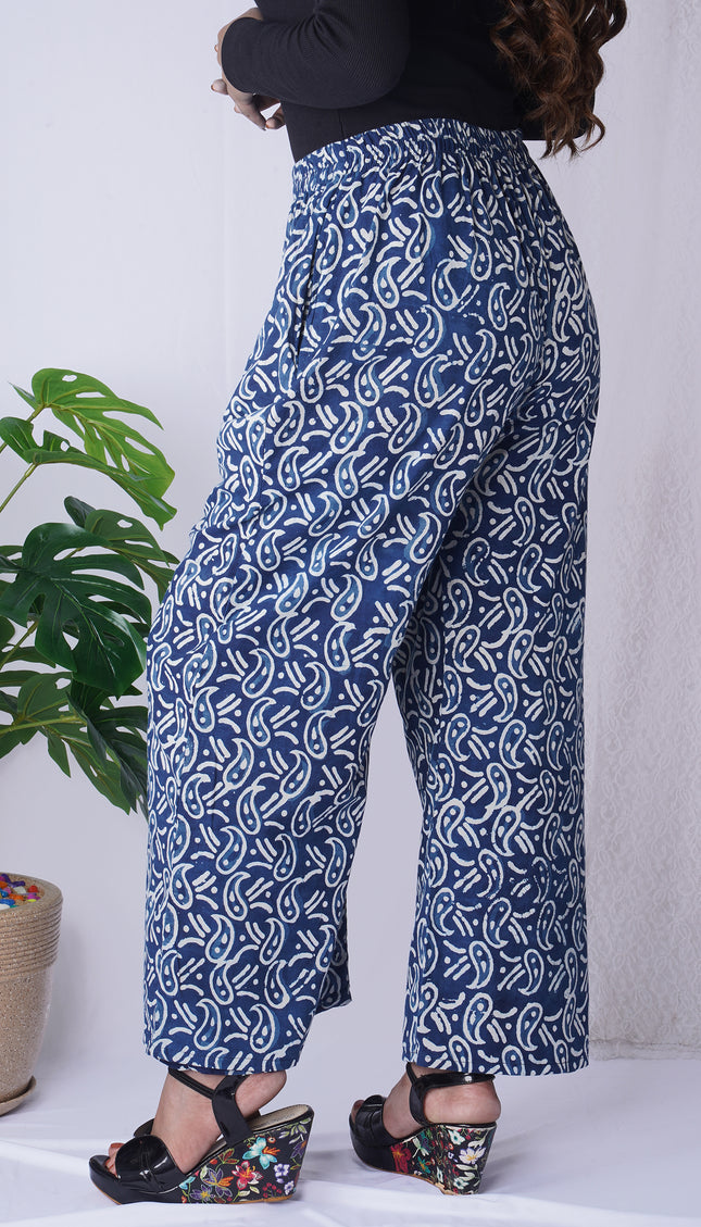 Navy Blue Handblock Printed Cotton Palazzo Pants