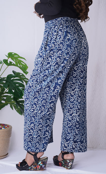 Navy Blue Handblock Printed Cotton Palazzo Pants