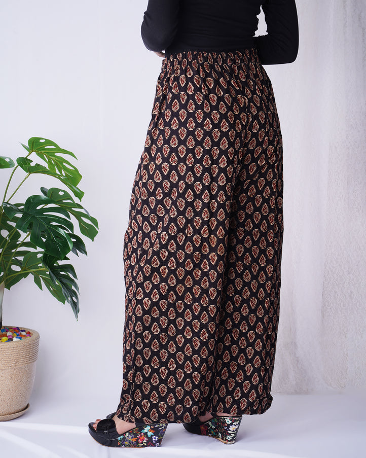 Black & Maroon Leaf Block Print Palazzo For Women