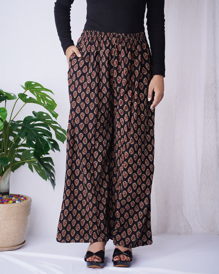 Black & Maroon Leaf Block Print Palazzo For Women