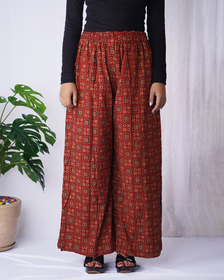 Red and Black Geomatrical Block Print Plazzo For Women
