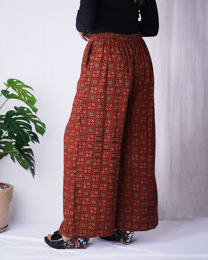 Red and Black Geomatrical Block Print Plazzo For Women
