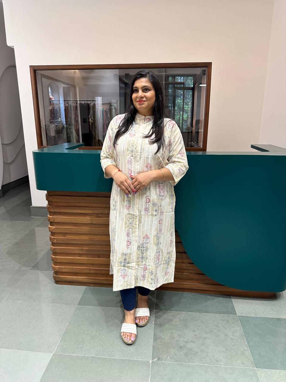 Ivory Base Printed Cotton Kurti with Pastel Florals – Soft & Stylish