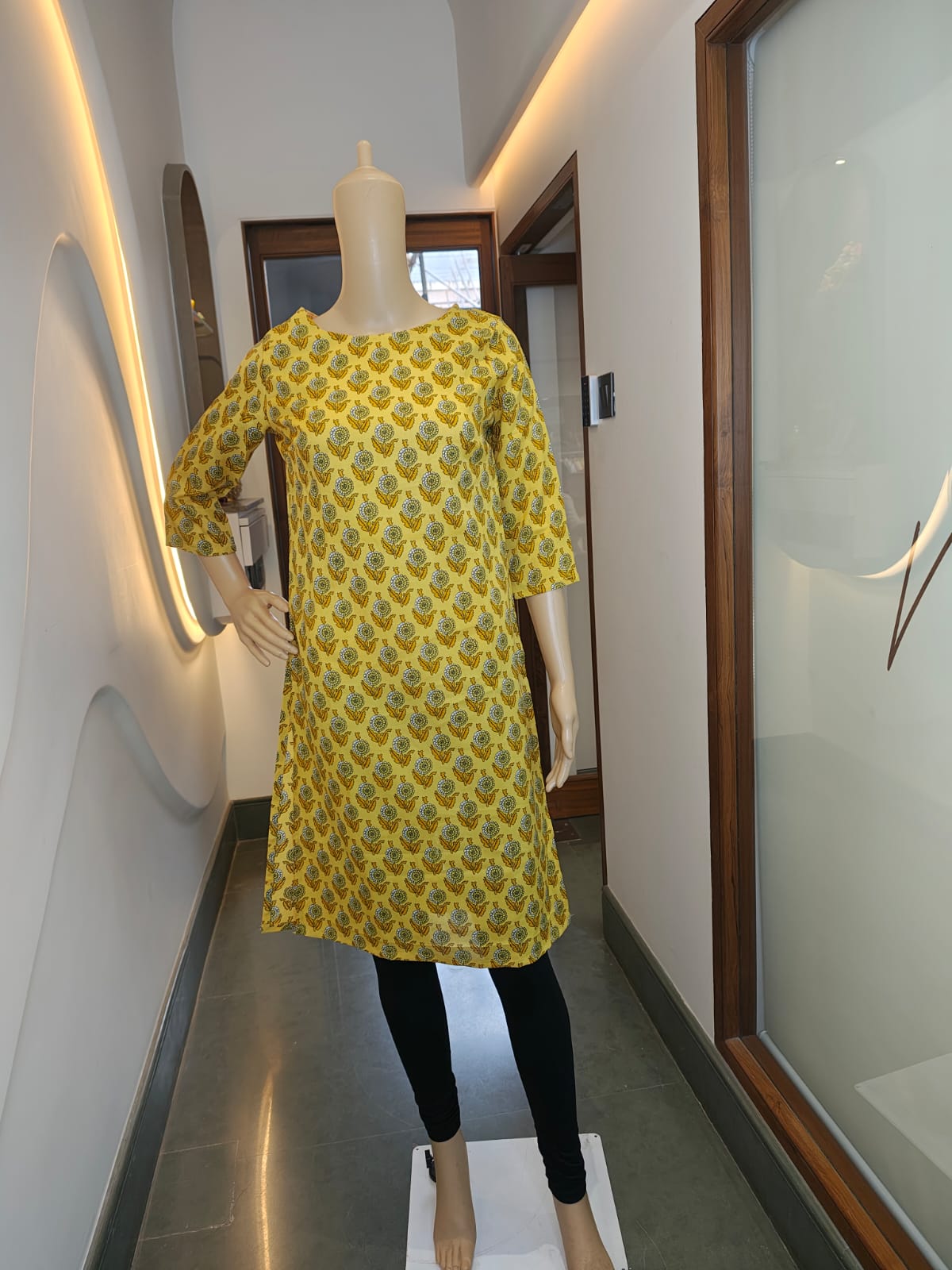 Golden Petals Printed Cotton Kurti – Soft Grace with a Burst of Yellow