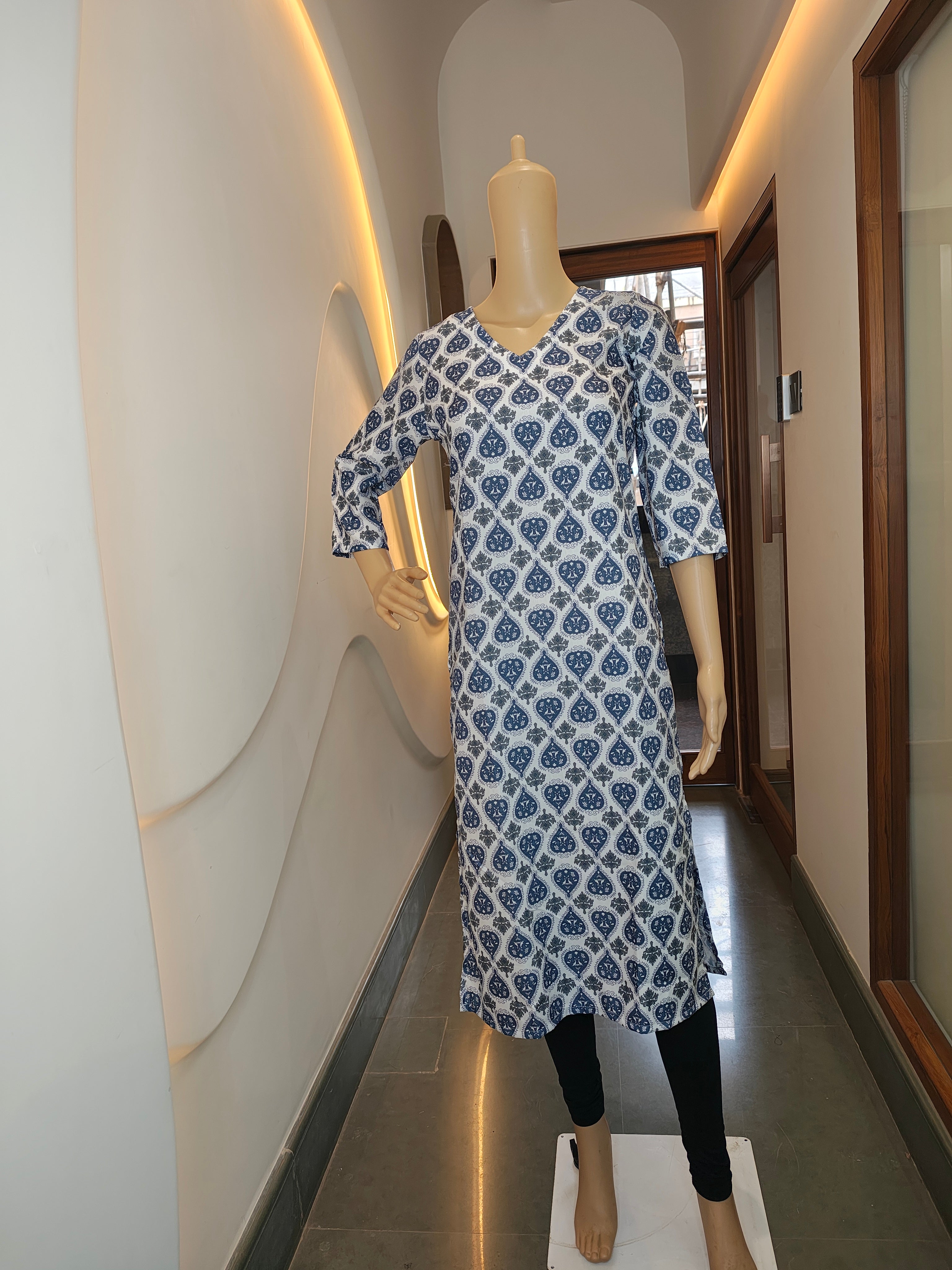 Indigo Grace V-Neck Cotton Kurti – Crisp, Calm & Beautifully You