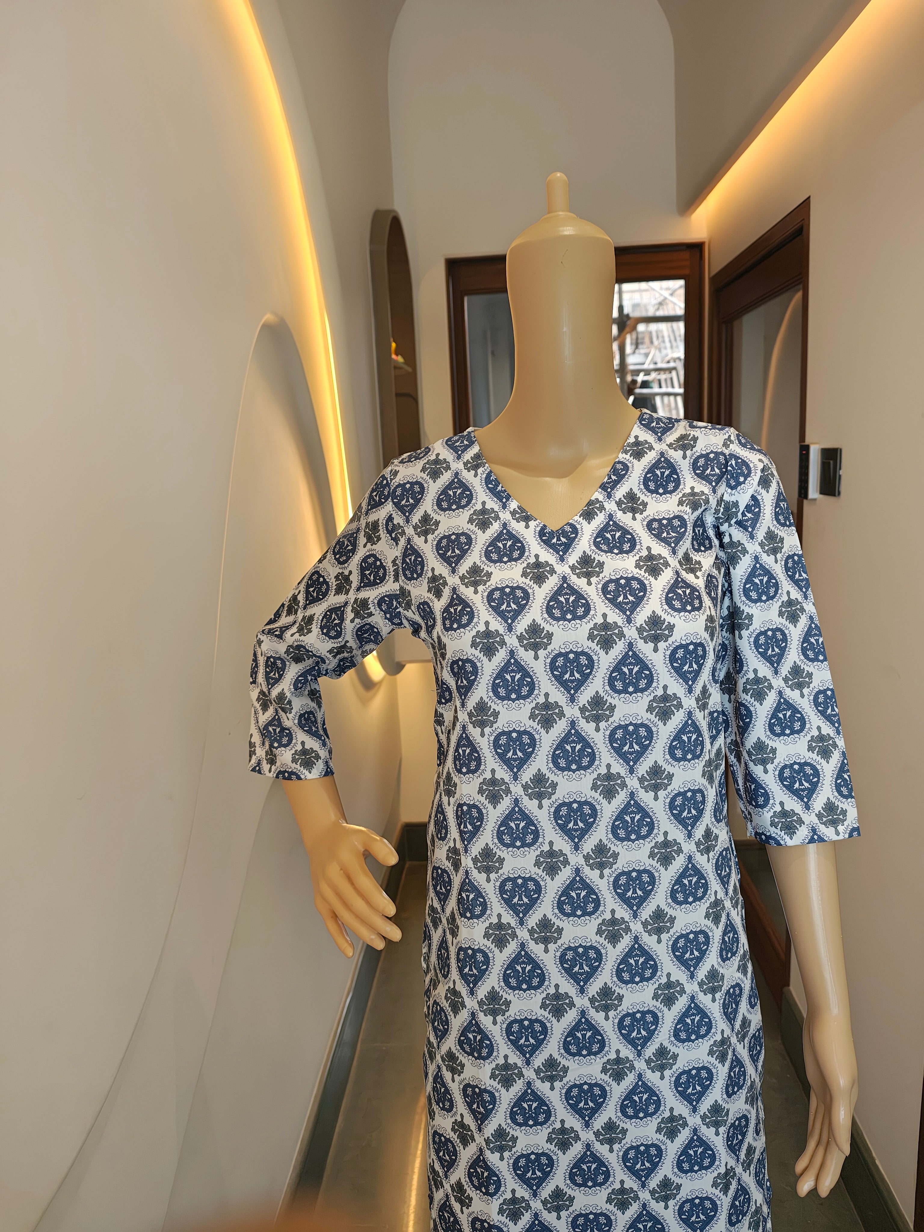 Indigo Grace V-Neck Cotton Kurti – Crisp, Calm & Beautifully You