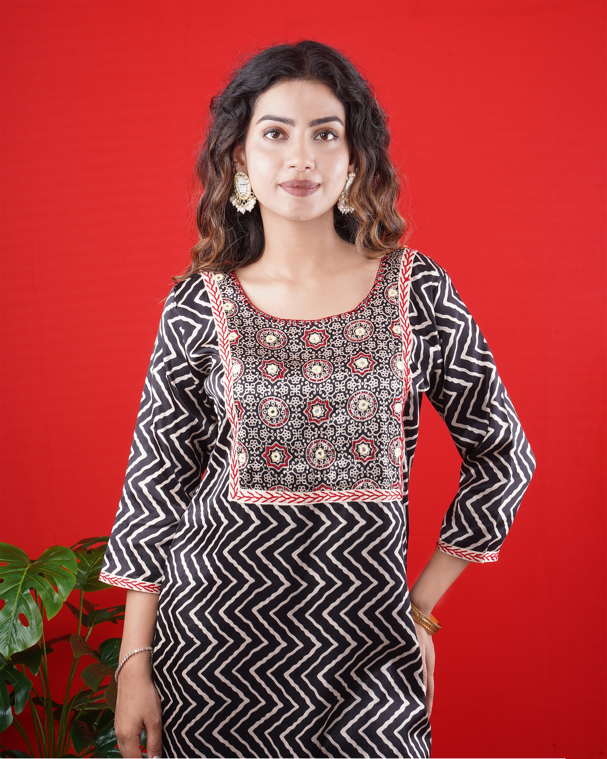 Black & White Printed Kurta with Embroidered Yoke and Straight Pants