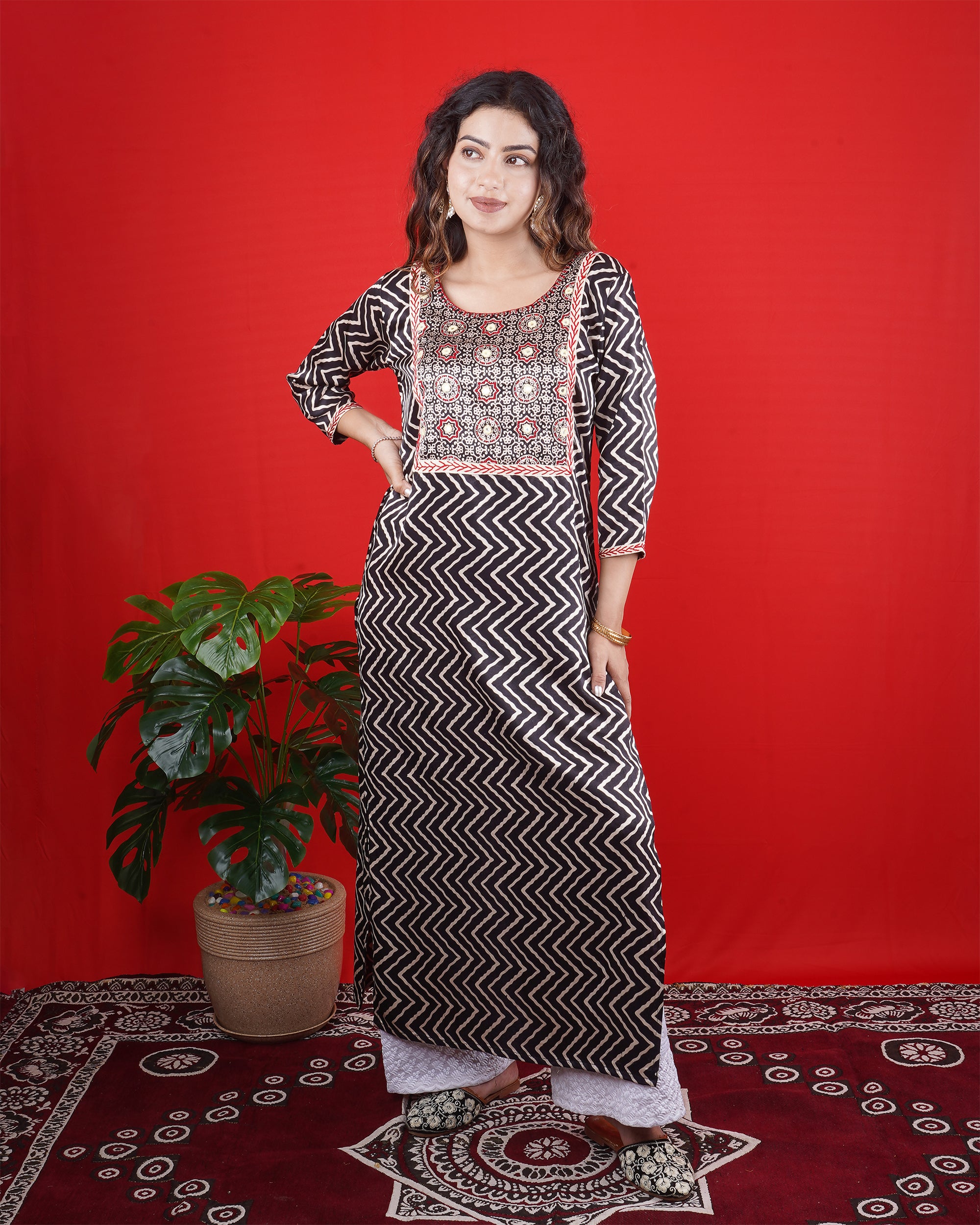 Black & White Printed Kurta with Embroidered Yoke and Straight Pants