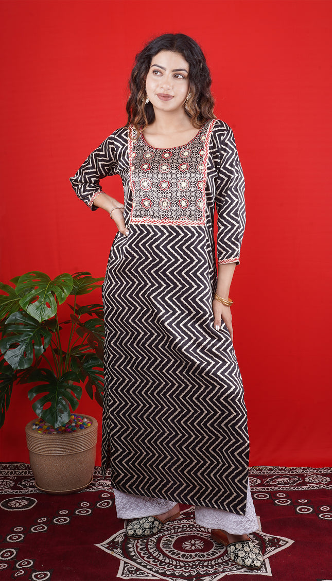 Black & White Printed Kurta with Embroidered Yoke and Straight Pants