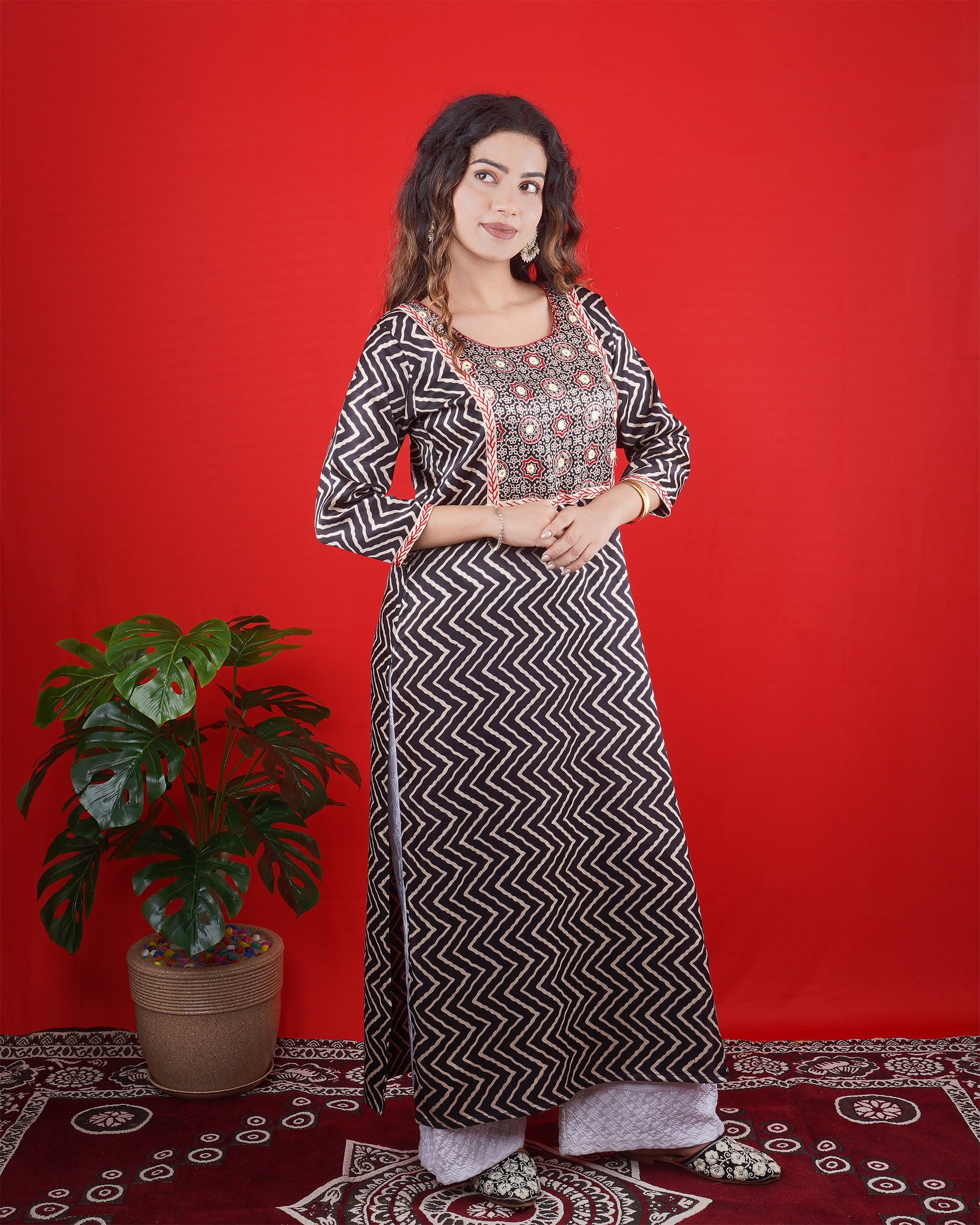 Black & White Printed Kurta with Embroidered Yoke and Straight Pants